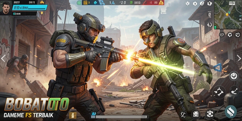 Screenshot gameplay BOBATOTO menampilkan aksi pertempuran FPS yang mendebarkan.