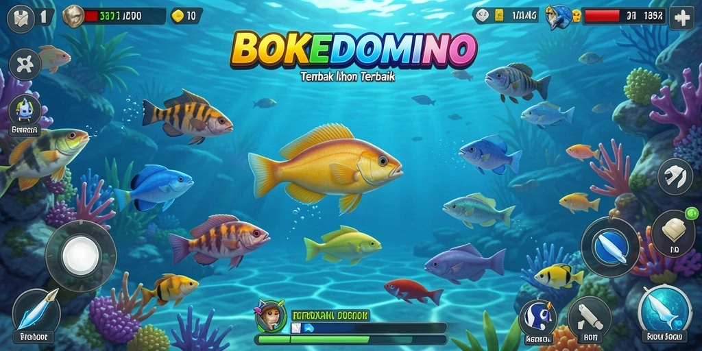 Tampilan gameplay BOKEDOMINO dengan ikan berwarna-warni.