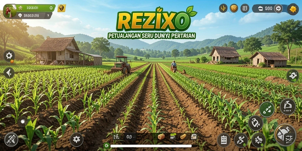 Screenshot gameplay <strong>REZIXO</strong> menampilkan kebun yang subur dan karakter yang ceria.